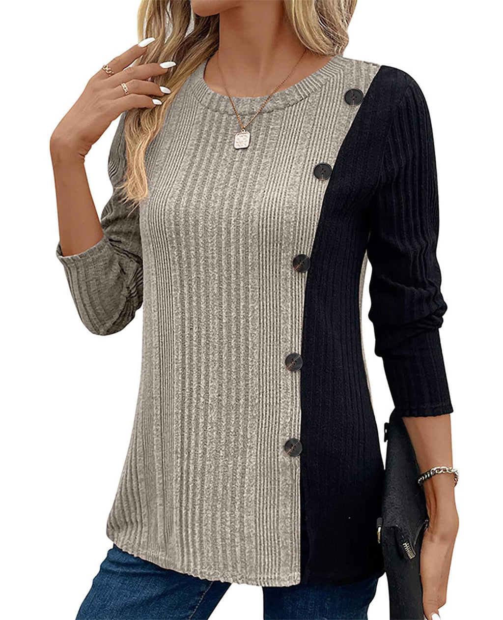 Plus Size : BAISHENGGT Tunic Tops for Women Dressy Casual Color Contrast Long Sleeve Blouse Crew Neck Daily Wear T Shirts Khaki XXL