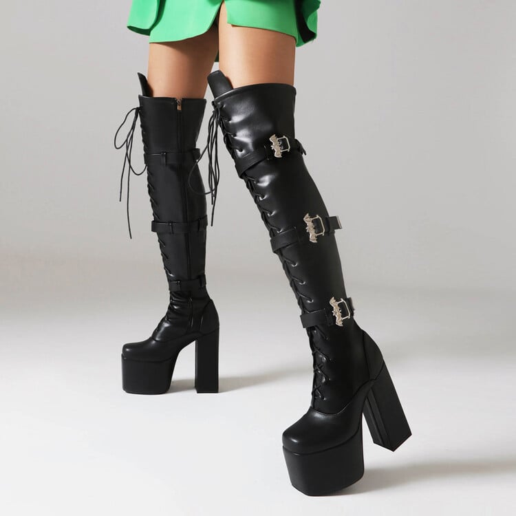 Night Club Over The Knee Lace-up Boots with Buckle