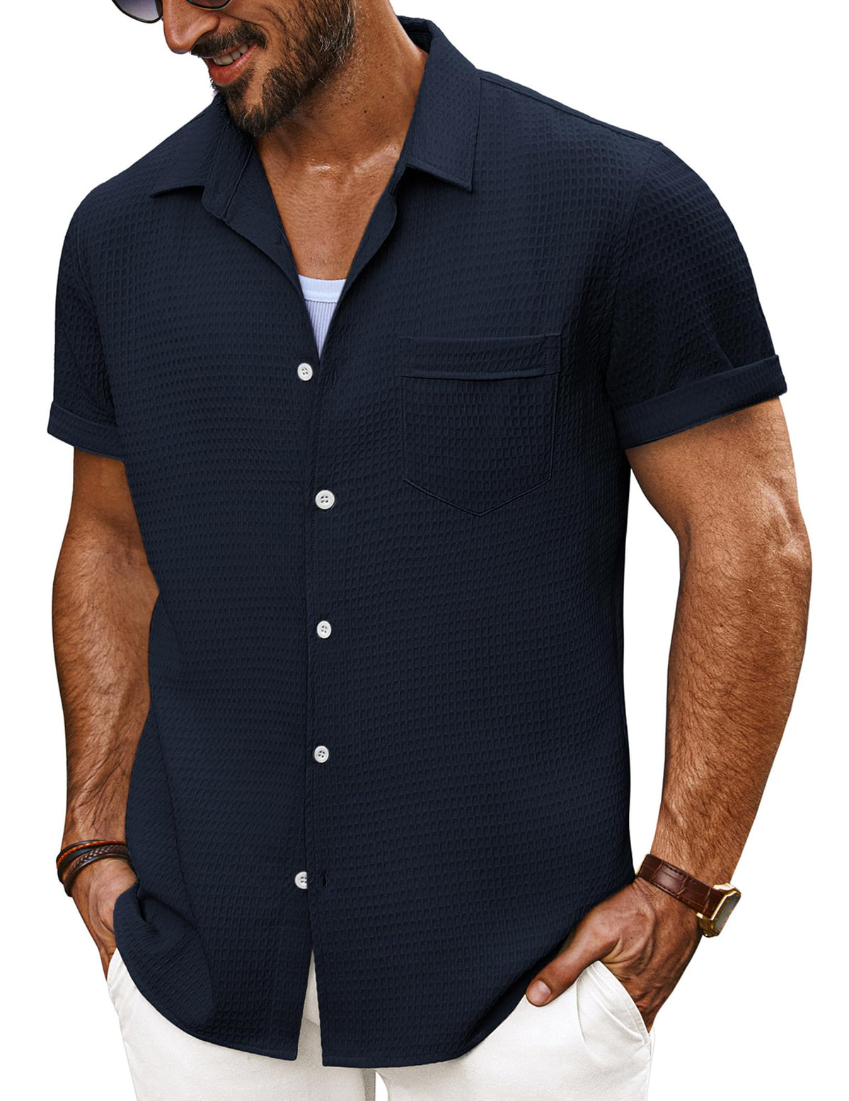 Mens Summer Shirts Casual Stylish Button Down Shirts Short Sleeve Shirt Navy