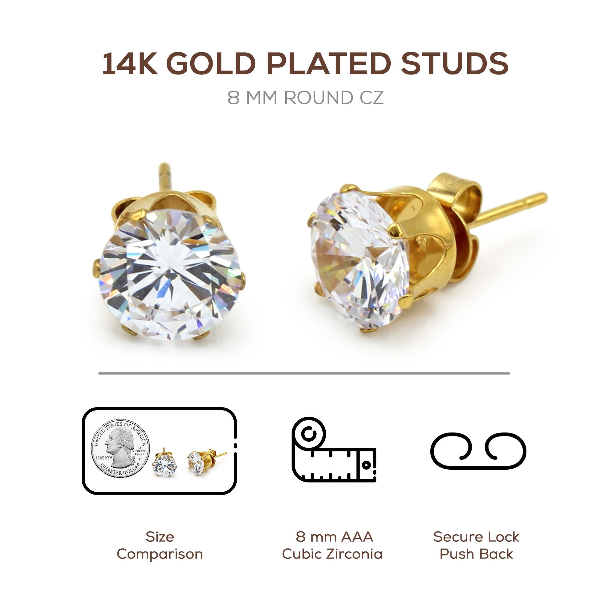 Cubic Zirconia Round 14K Gold Plated Stud Earrings Set Of 2 Stainless Steel Jewelry Men Women
