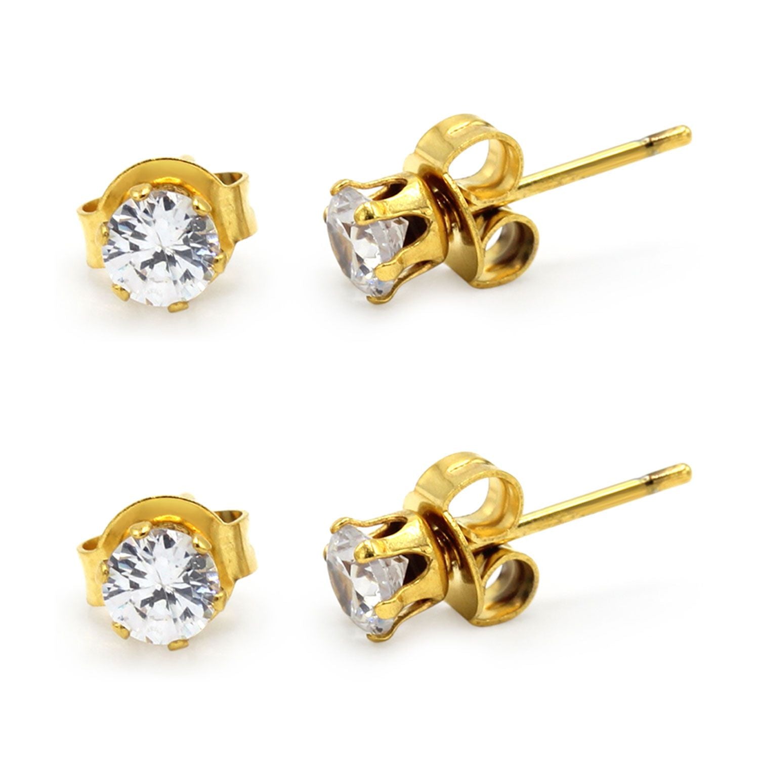 Lot de 2 paires de boucles d'oreilles clous rondes en oxyde de zirconium et acier inoxydable plaqué or 14 carats pour hommes et femmes