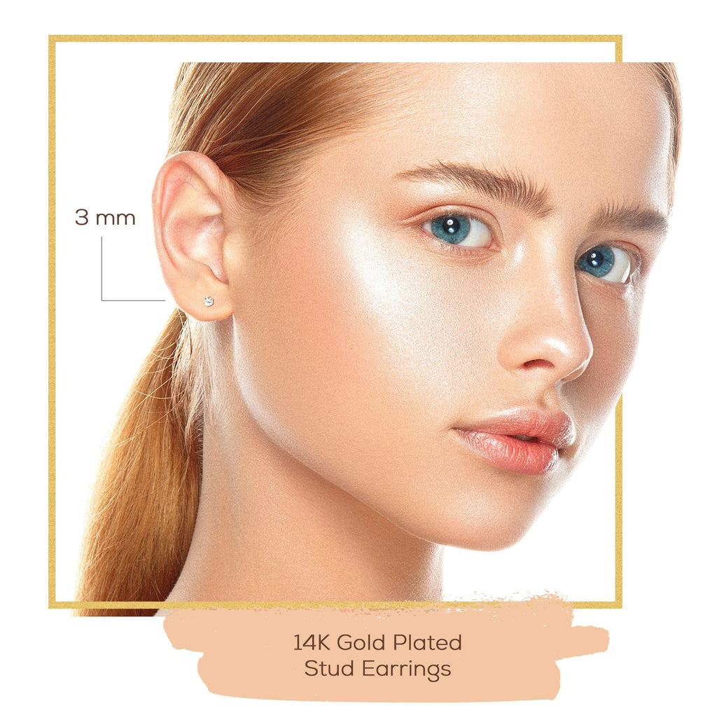 Cubic Zirconia Round 14K Gold Plated Stud Earrings Set Of 2 Stainless Steel Jewelry Men Women