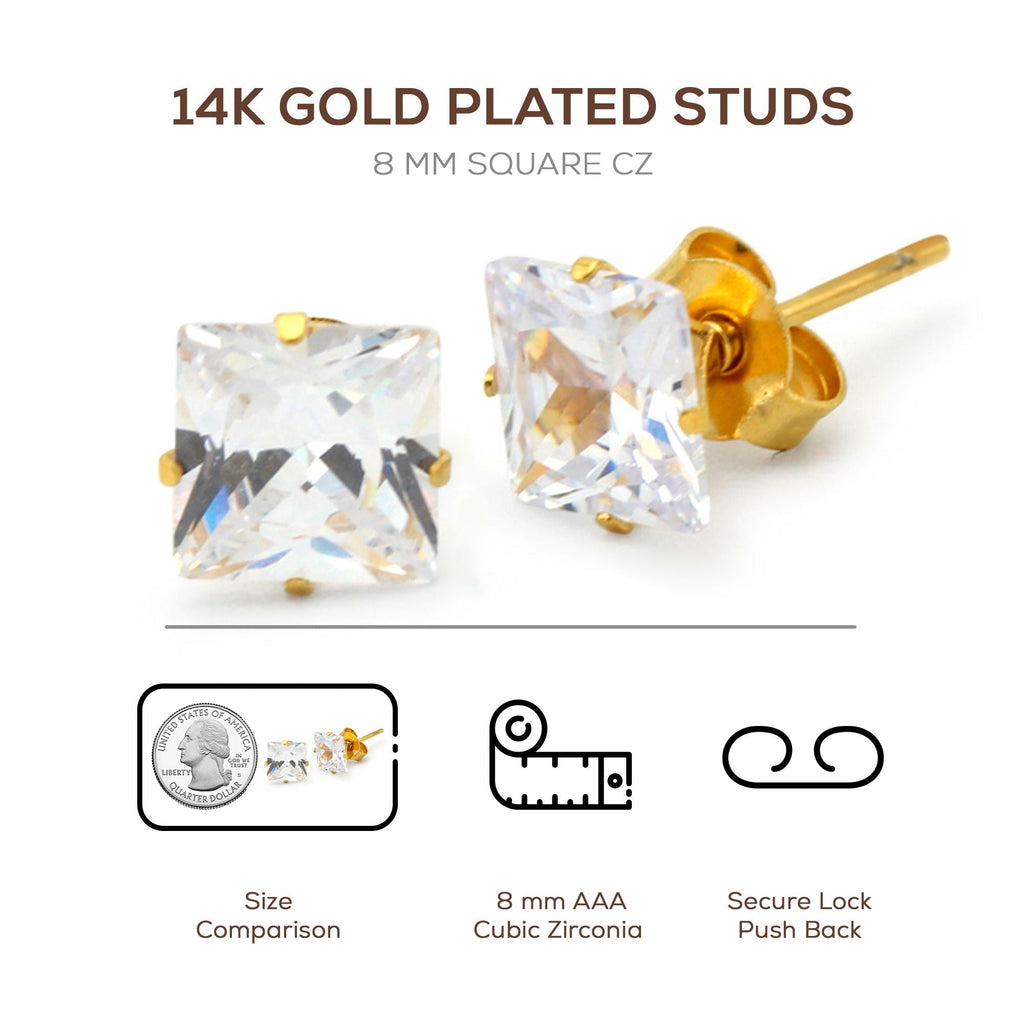 Cubic Zirconia Square 14K Gold Plated Stud Earrings Set Of 2 Stainless Steel Jewelry Men Women