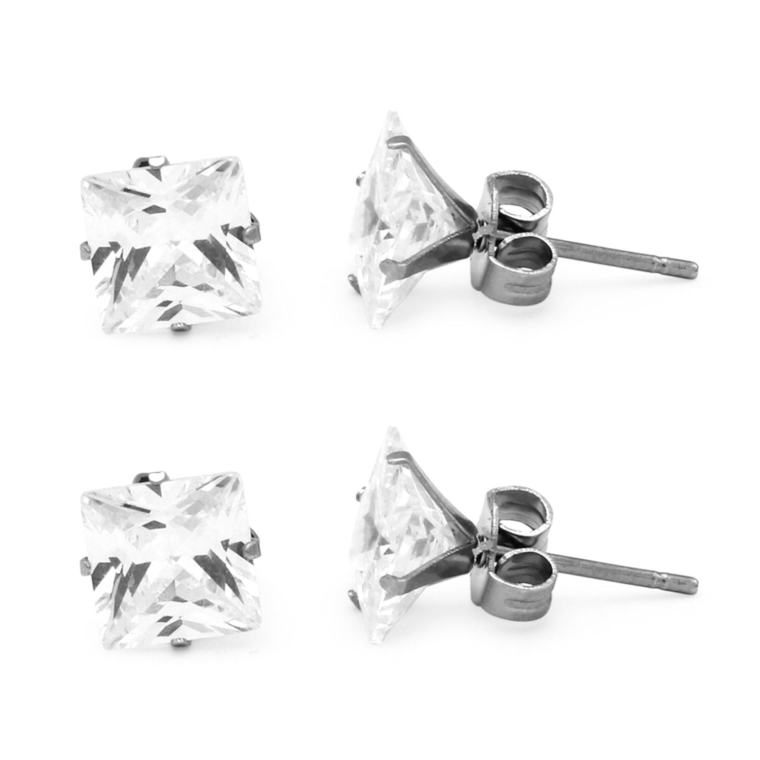 Boucles d'oreilles clous carrées en oxyde de zirconium argenté (lot de 2) en acier inoxydable pour hommes et femmes