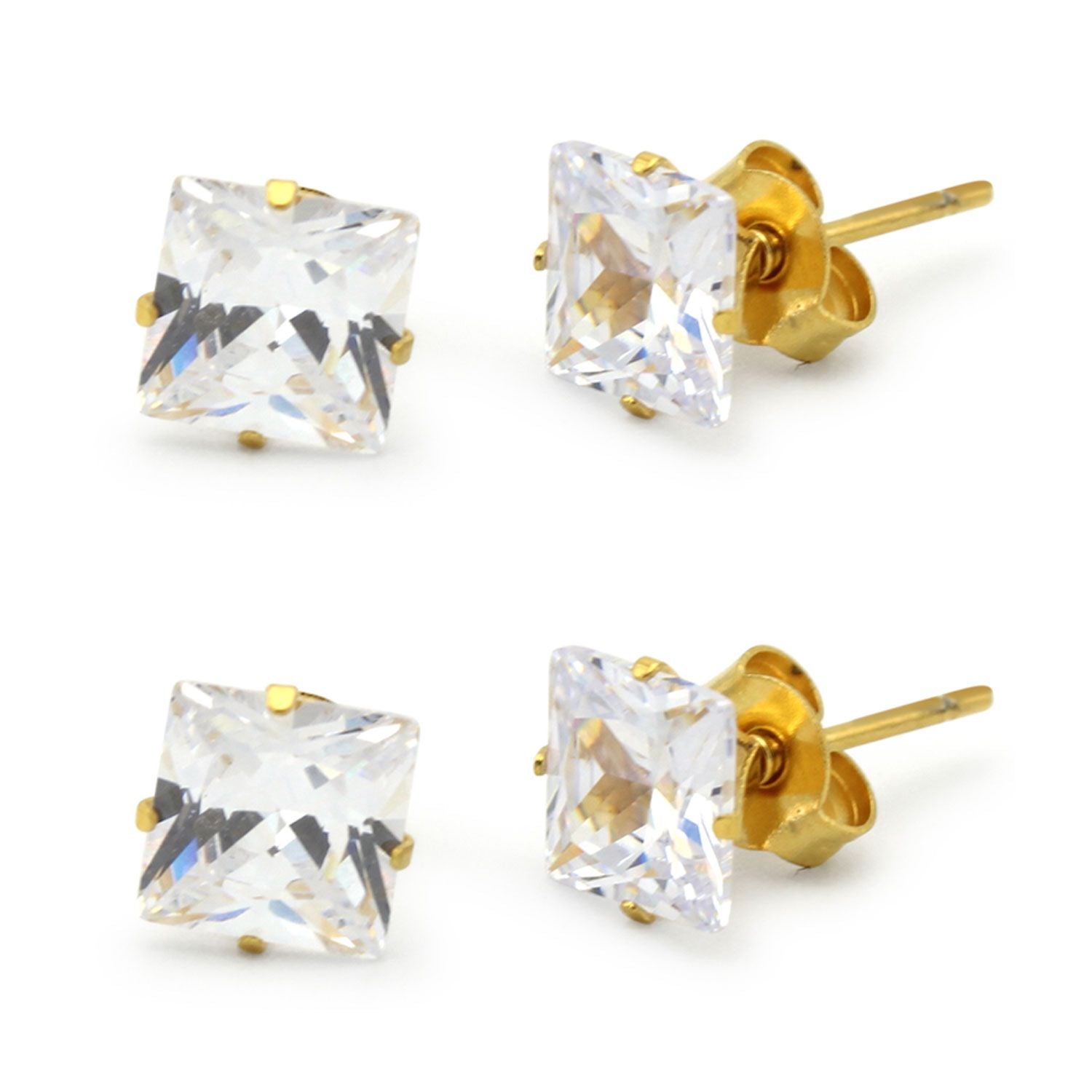 Boucles d'oreilles carrées en oxyde de zirconium plaqué or 14 carats, lot de 2, en acier inoxydable, pour hommes et femmes