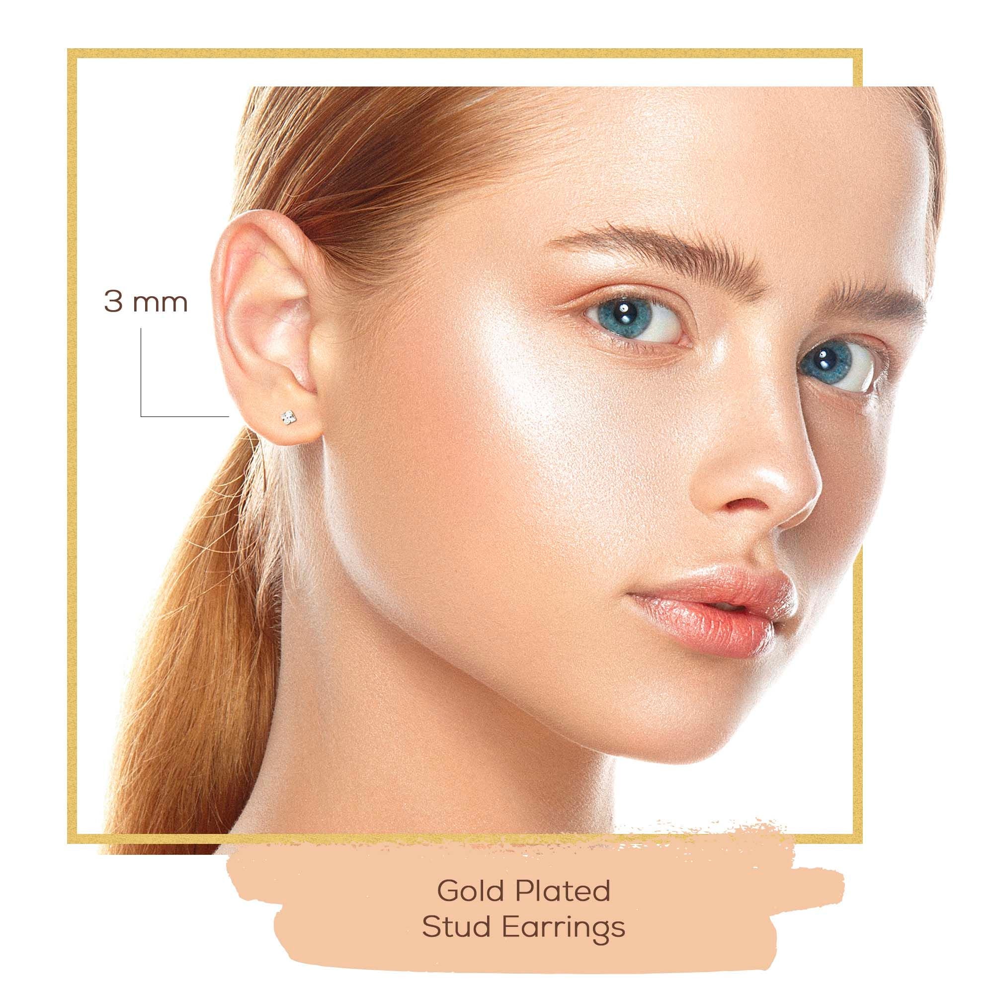 Cubic Zirconia Square 14K Gold Plated Stud Earrings Set Of 2 Stainless Steel Jewelry Men Women