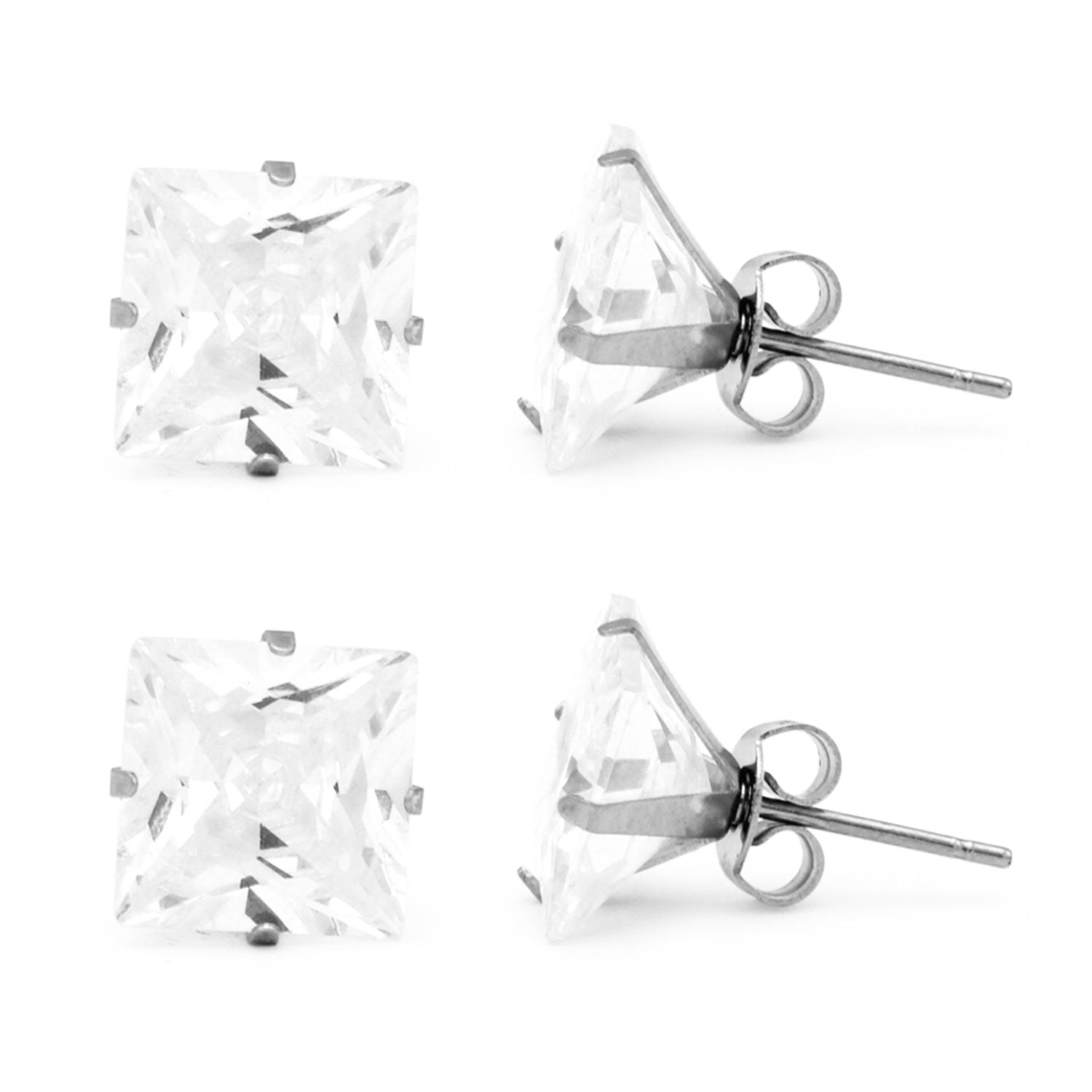 Boucles d'oreilles clous carrées en oxyde de zirconium argenté (lot de 2) en acier inoxydable pour hommes et femmes