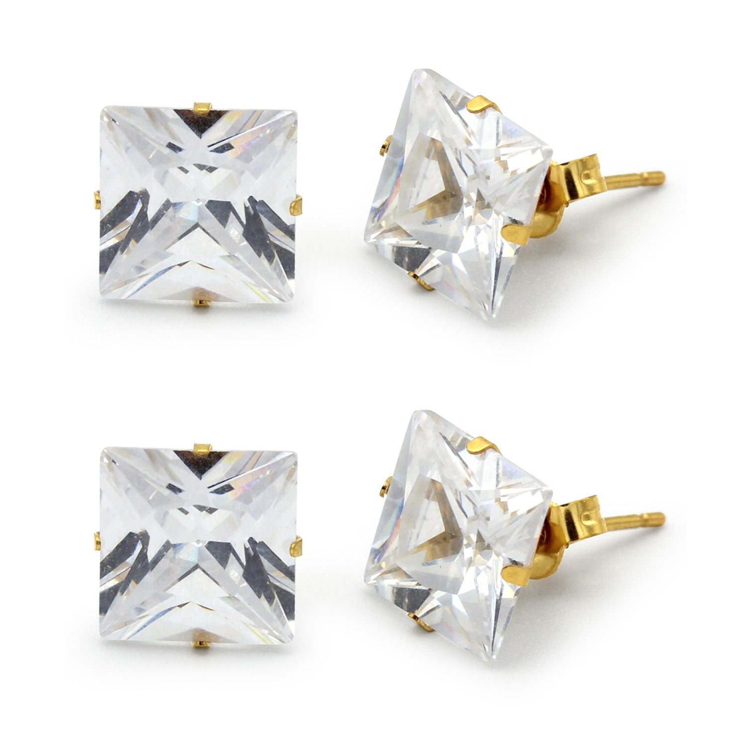 Boucles d'oreilles carrées en oxyde de zirconium plaqué or 14 carats, lot de 2, en acier inoxydable, pour hommes et femmes