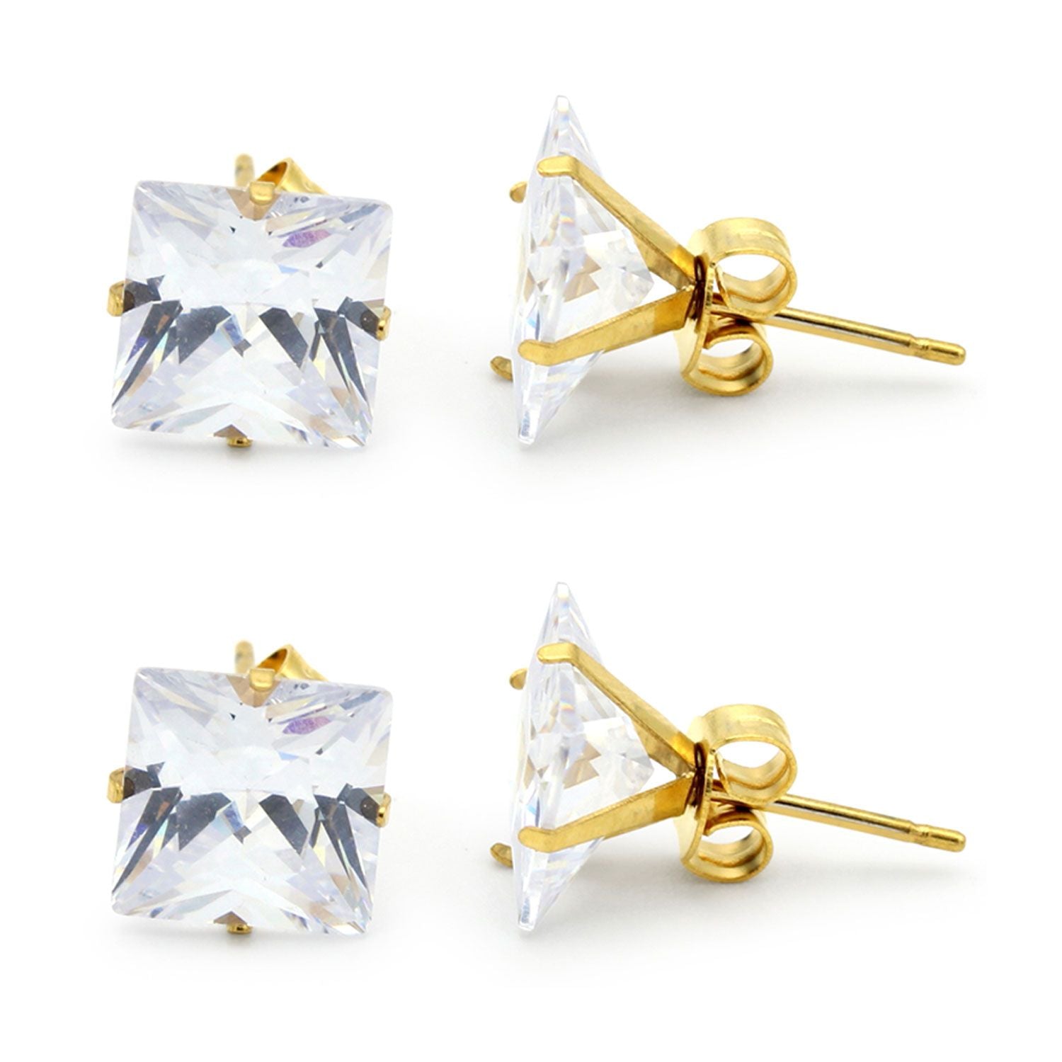 Boucles d'oreilles carrées en oxyde de zirconium plaqué or 14 carats, lot de 2, en acier inoxydable, pour hommes et femmes