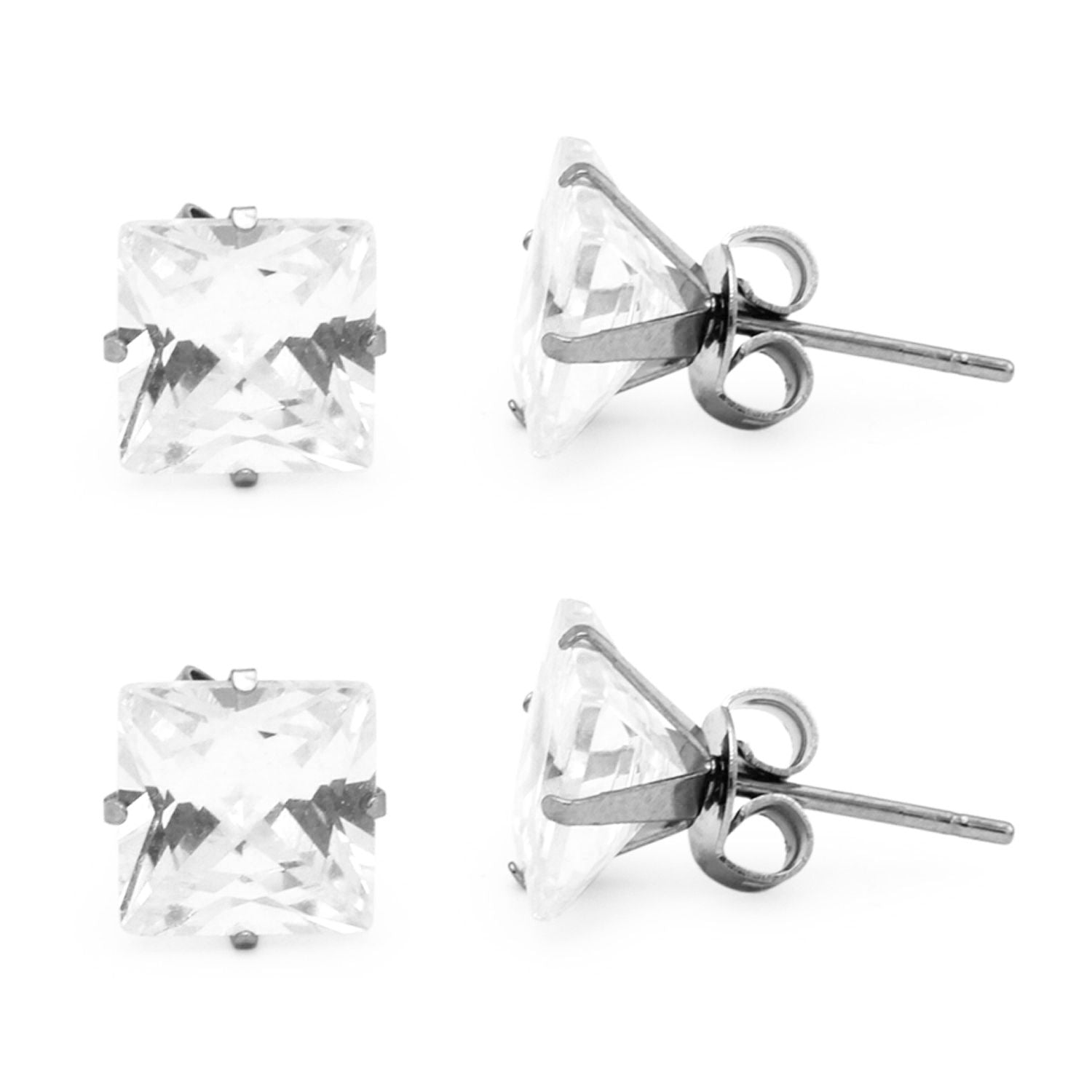 Boucles d'oreilles clous carrées en oxyde de zirconium argenté (lot de 2) en acier inoxydable pour hommes et femmes