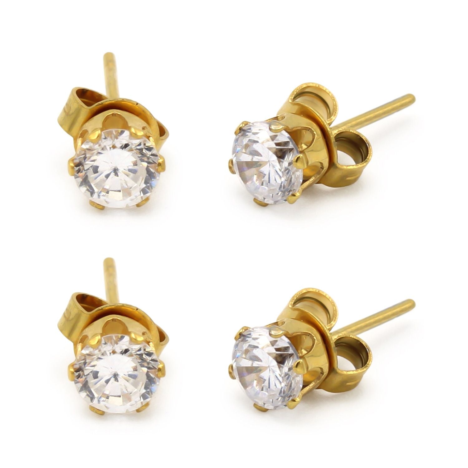 Lot de 2 paires de boucles d'oreilles clous rondes en oxyde de zirconium et acier inoxydable plaqué or 14 carats pour hommes et femmes