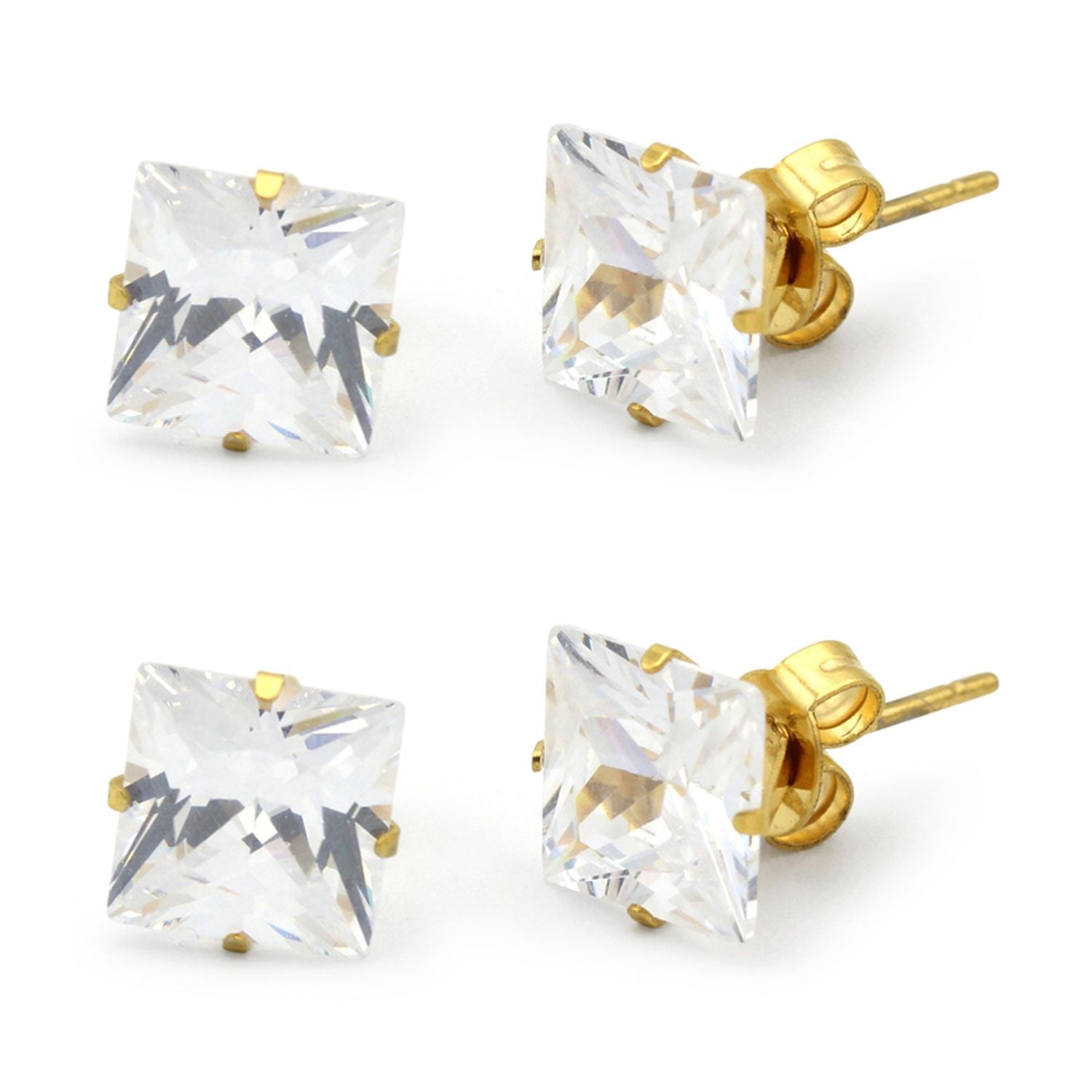 Boucles d'oreilles carrées en oxyde de zirconium plaqué or 14 carats, lot de 2, en acier inoxydable, pour hommes et femmes