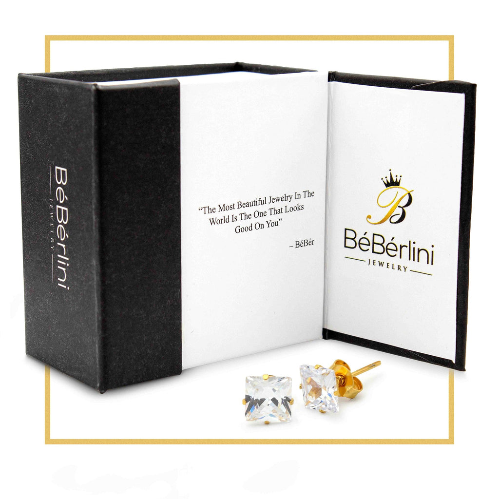 Cubic Zirconia Square 14K Gold Plated Stud Earrings Set Of 2 Stainless Steel Jewelry Men Women