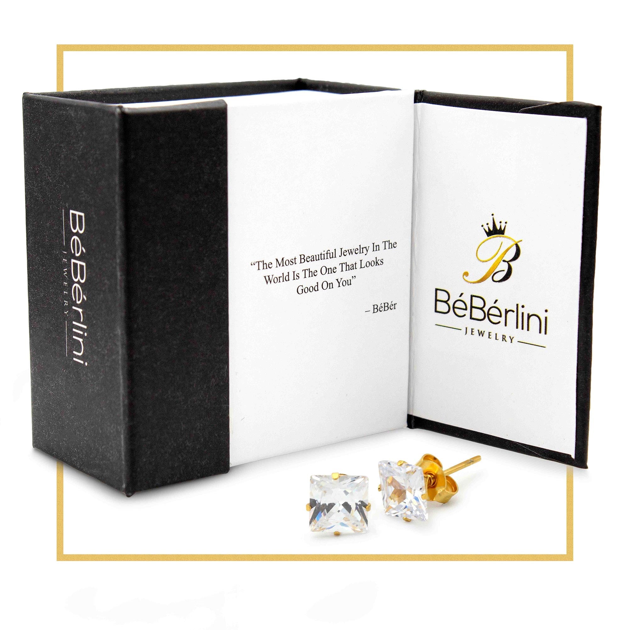 Cubic Zirconia Square 14K Gold Plated Stud Earrings Set Of 2 Stainless Steel Jewelry Men Women